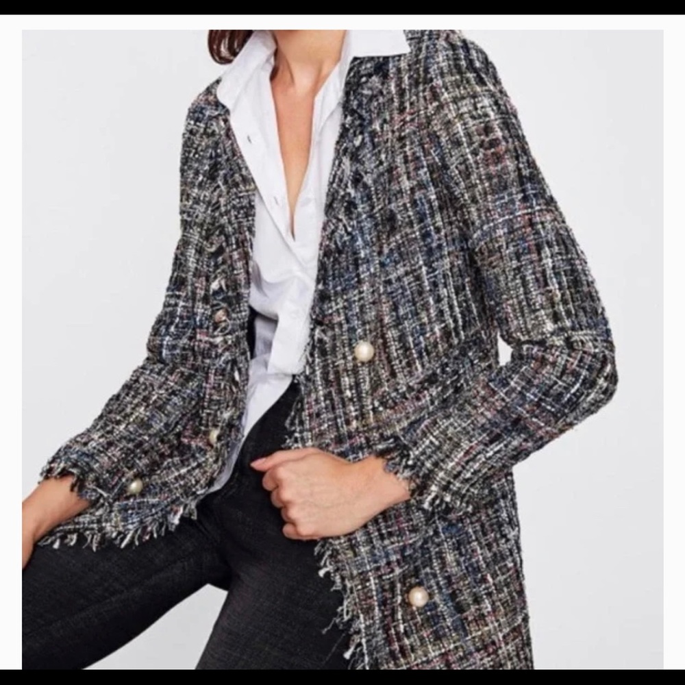 Zara Black and Multicolored Tweed Blazer with Pearl Details
